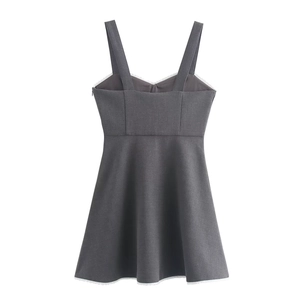 Chic grey lace-trim camisole mini dress with A-line silhouette and white lace detailing