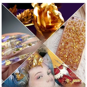 Gold foil flakes for nail art and DIY decor showing various creative applications