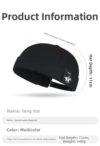 Size chart for black brimless docker hat showing 55-60cm adjustable metal buckle strap