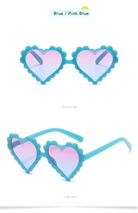 Dual view of blue glitter heart sunglasses for kids with pink gradient lenses