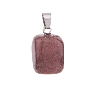 Macro shot of rectangular pink natural crystal pendant with polished metal bail
