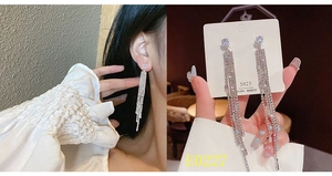 Macro detail of silver tassel earrings with S925 needles and sparkling crystals
