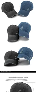 Detail view of distressed washed denim baseball cap with vintage frayed holes and adjustable strap