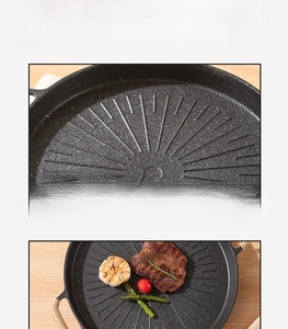 Detail of round non-stick grill pan showing die-cast handle and oxygen stripes