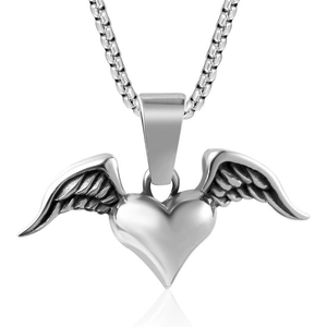 Retro stainless steel necklace featuring a polished heart and detailed angel wings pendant
