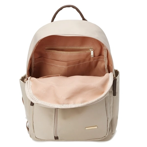 Mochila de tela Oxford beige con compartimentos internos organizados y cremalleras doradas