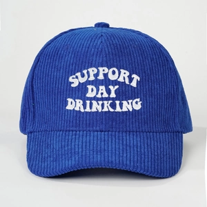 Navy corduroy baseball cap with Support Day Drinking white embroidery on white background