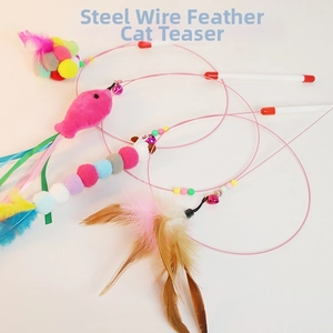 Steel wire cat teaser wand set with colorful feathers, plush fish and bells
