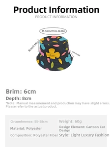 Detailed size specifications for digital print bucket hat showing measurements and fabric details