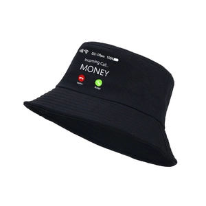 Creative black cotton bucket hat with MONEY incoming call print for outdoor sun protection