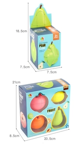 Dimensiones detalladas del set de cubos mágicos de frutas con formas de pera y manzana