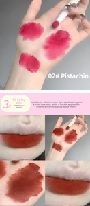 Lip mud swatches showing Pistachio and Chili Red shades with sponge applicator