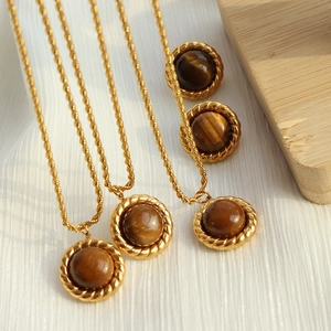 French vintage tiger eye jewelry set with golden twisted chain necklaces and earrings