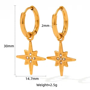 Gold stainless steel hoop earrings with star pendant and white zircon details