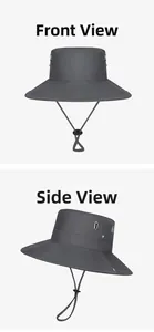Detailed view of the dark grey outdoor hat showing breathable eyelets and windproof cord
