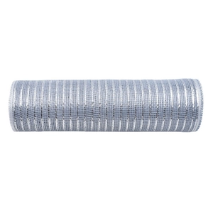 Detail showing light blue metallic mesh ribbon with vertical stripes for DIY Christmas decor