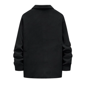 Close-up back view of black heavy twill jacket showing premium diagonal texture fabric