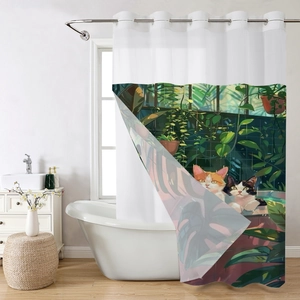Detail of waterproof polyester shower curtain with cats and botanical garden illustration