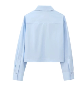 Back view of light blue cotton poplin long sleeve shirt with clean minimalist design