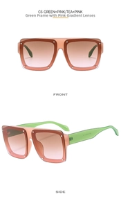 Detail view of square green frames with pink gradient lenses and silver rivet accents