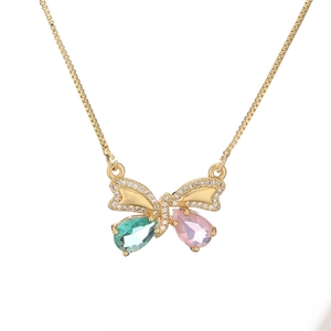 Gold plated butterfly necklace with sparkling zircon wings and colorful teardrop gems