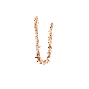 Rose gold wheat spike sequin necklace with leaf-shaped metal chain on white background