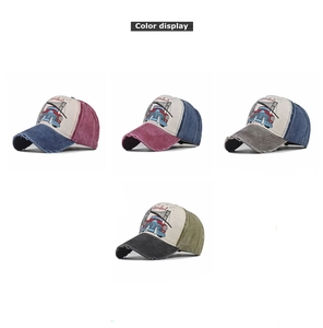 Detail showing vintage Istanbul car print and distressed brim on washed cotton baseball caps