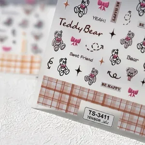 5D Embossed Teddy Bear Nail Stickers Kawaii Bear Bow Heart Self Adhesive Nail Art Decals Japanese Style Accessories