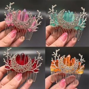 Natural Crystal Hair Comb With Alloy Crescent Moon And Tree Branch Decoration Handmade Celestial Fairy Wedding Headpiece