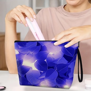 Beauty case con stampa di foglie blu e cerniera per conservare i cosmetici