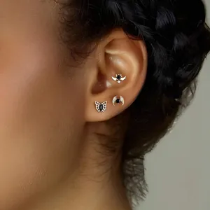Elegant s925 silver stud earrings featuring black zircon butterfly and bat designs for women