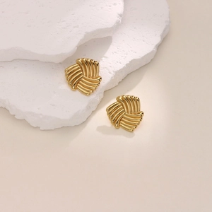 Retro 18K gold plated stainless steel twisted rope stud earrings with textured finish
