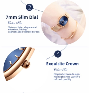 Detail of 7mm ultra-thin oval watch face with rose gold mesh band and blue sunray dial