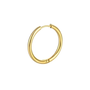 Detailed close-up of a polished gold tubular hoop earring with a secure hinged closure