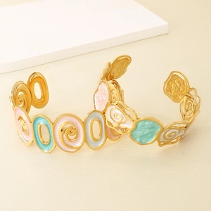Golden titanium steel open bangle with colorful enamel hollow flower spiral pattern