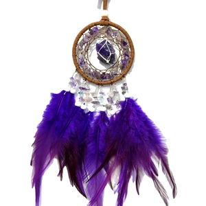 Handmade brown dream catcher with natural amethyst stone and vibrant purple feathers