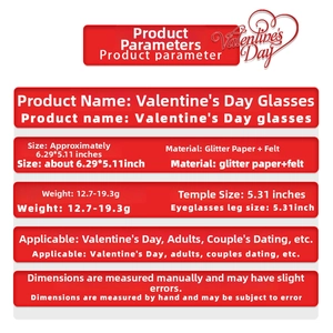 Detailed size and weight chart for Valentine's Day party heart glasses with glitter material
