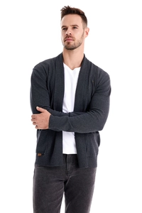 Close-up of fine knit texture on a dark grey cardigan with ribbed cuffs and hem