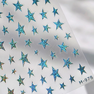 Blue glitter holographic star nail stickers with 3D silver stamping model M-978