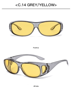 Front and 45-degree side views of night vision sunglasses with grey frames and yellow lenses