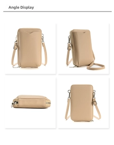 Vistas detalladas en cuatro ángulos del bolso cruzado beige de cuero con herrajes plateados