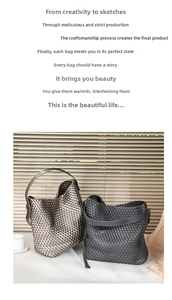 Detailed view of woven PU leather tote bag with soft texture in champagne and grey