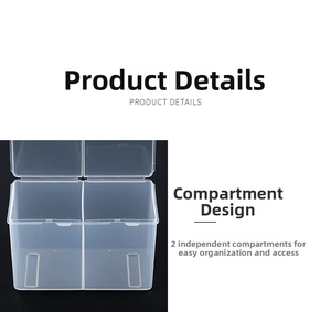 Close-up of clear dual-compartment plastic nail supply box with flip-top lids