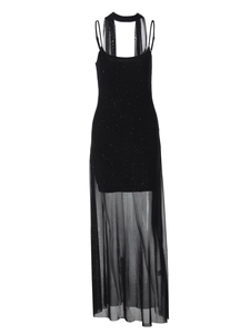Robe moulante noire sexy avec panneaux en mesh transparent et tissu scintillant
