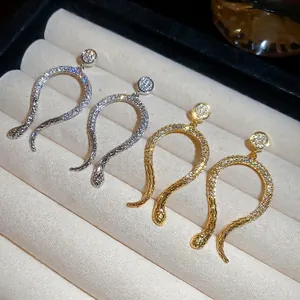 Snake Stud Earrings Copper Zircon 14k Gold Plated Curved Animal Style With 925 Sterling Silver Earring Post For Women