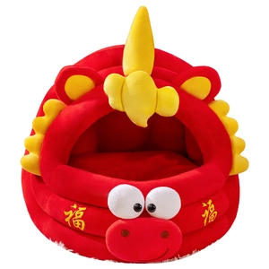 Red plush semi-enclosed cat bed with dragon design and festive gold embroidery