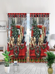 Detail of vintage Christmas curtain with red truck, dogs, and red black buffalo check