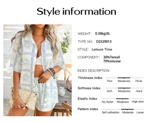 Detailed style information and size guide for women bohemian printed shorts set