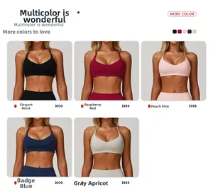 Collage of high-elasticity sports bras in black, red, pink, blue, and apricot colors