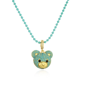Cute gold bear pendant necklace with turquoise bead inlay and beaded chain for women
